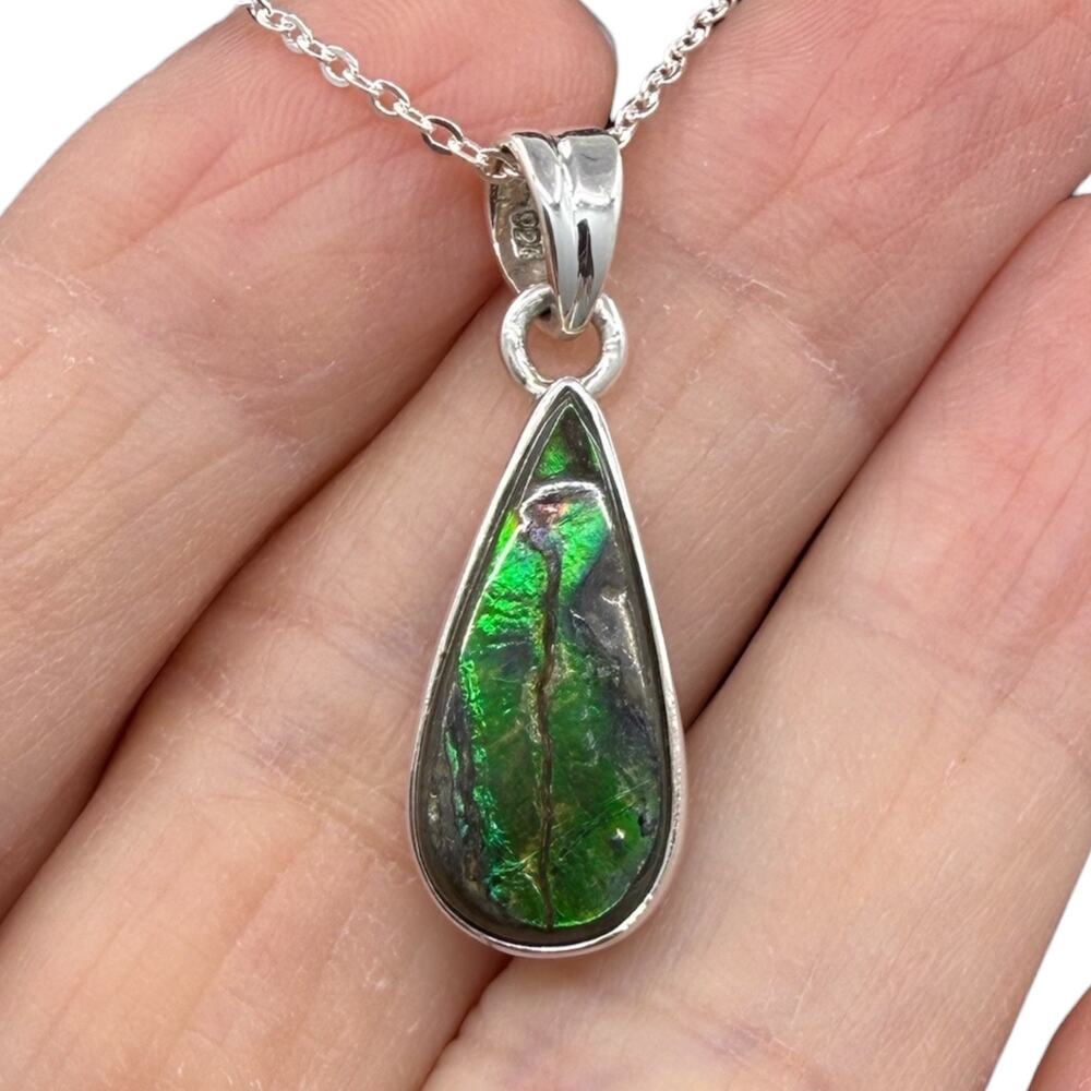 Natural Green Ammonite Pendant Necklace 925 Sterling Silver 18in Chain Handmade